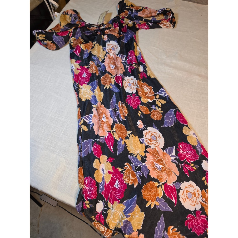 Band of the Free Black Berry Floral Maxi Dress Puff Sleeve Boho Square Neck S